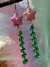Load image into Gallery viewer, Pink Star & Green Crystal Shooting Star Earrings 🌠
