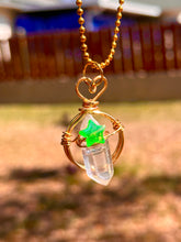 Load image into Gallery viewer, Aura Quartz & Green Star Guardian Necklace-Gold Heart Wire Wrapped Crystal Pendant | Celestial Fairycore Jewelry