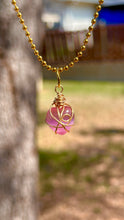 Load image into Gallery viewer, Glass Rose Quartz Celestial Heart Guardian Necklace – Wire Wrapped Swirl Pendant | Pink Love & Healing Energy