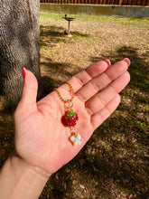Load image into Gallery viewer, Opal Sweet Guardian – Rhinestone Strawberry &amp; Opal Butterfly Necklace | Wire Wrapped Charm for Transformation &amp; Joy
