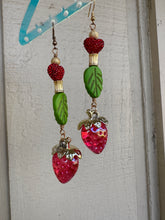 Load image into Gallery viewer, Red Strawberry Core Crystal Heart Jade Leaf Earrings
