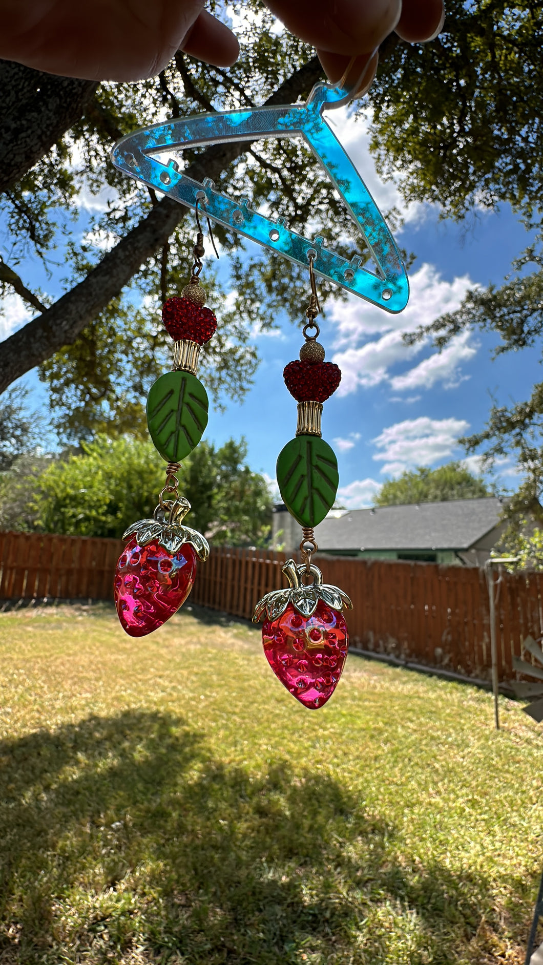 Red Strawberry Core Crystal Heart Jade Leaf Earrings