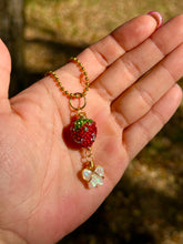 Load image into Gallery viewer, Opal Sweet Guardian – Rhinestone Strawberry &amp; Opal Butterfly Necklace | Wire Wrapped Charm for Transformation &amp; Joy

