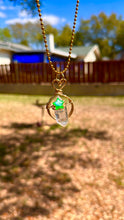 Load image into Gallery viewer, Aura Quartz &amp; Green Star Guardian Necklace-Gold Heart Wire Wrapped Crystal Pendant | Celestial Fairycore Jewelry

