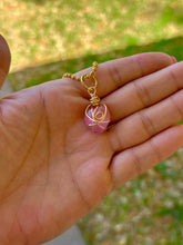 Load image into Gallery viewer, Glass Rose Quartz Celestial Heart Guardian Necklace – Wire Wrapped Swirl Pendant | Pink Love &amp; Healing Energy
