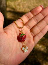 Load image into Gallery viewer, Opal Sweet Guardian – Rhinestone Strawberry &amp; Opal Butterfly Necklace | Wire Wrapped Charm for Transformation &amp; Joy
