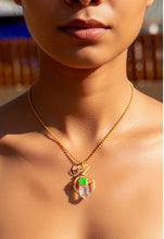 Load image into Gallery viewer, Aura Quartz &amp; Green Star Guardian Necklace-Gold Heart Wire Wrapped Crystal Pendant | Celestial Fairycore Jewelry
