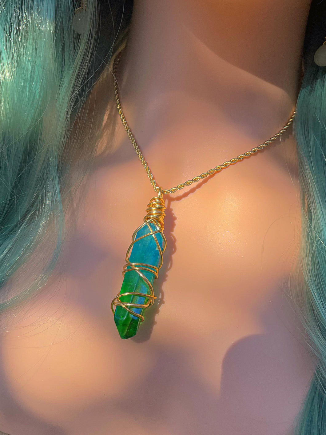 Wire Wrapped Blue and Green Aura Quartz Necklace