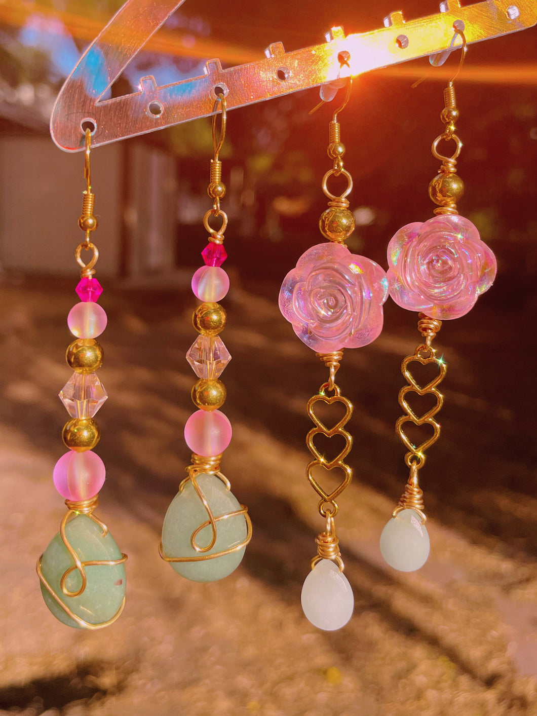 Green Aventurine and Pink Aura Quartz Earring Collection