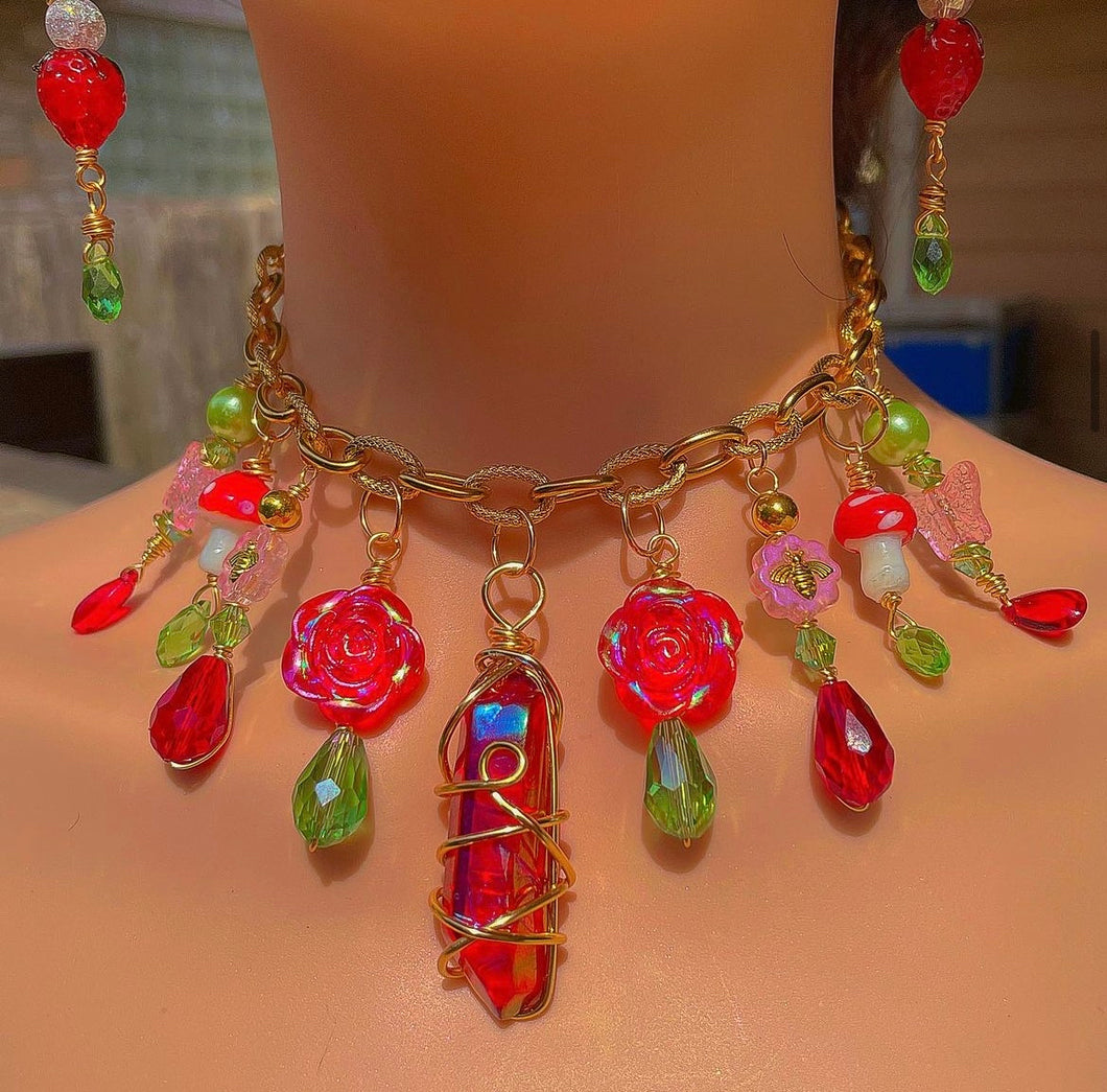 Red Aura Quartz Fairy Garden Necklace