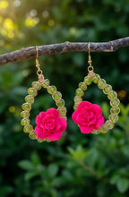 Load image into Gallery viewer, 🌸 Enchanted Rose and Crackel Quartz Hoop Earrings 🌿

