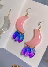 Load image into Gallery viewer, Light Pink Resin Moon and Purple Blue Glass Feather Earrings
