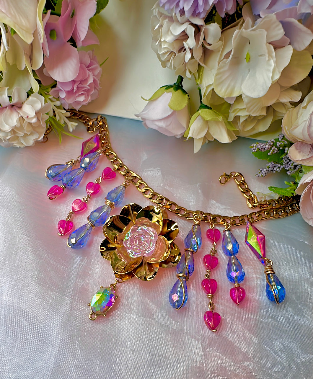 Y2K Flower & Blue Glass Crystal Charm Choker with Pink Acrylic Hearts