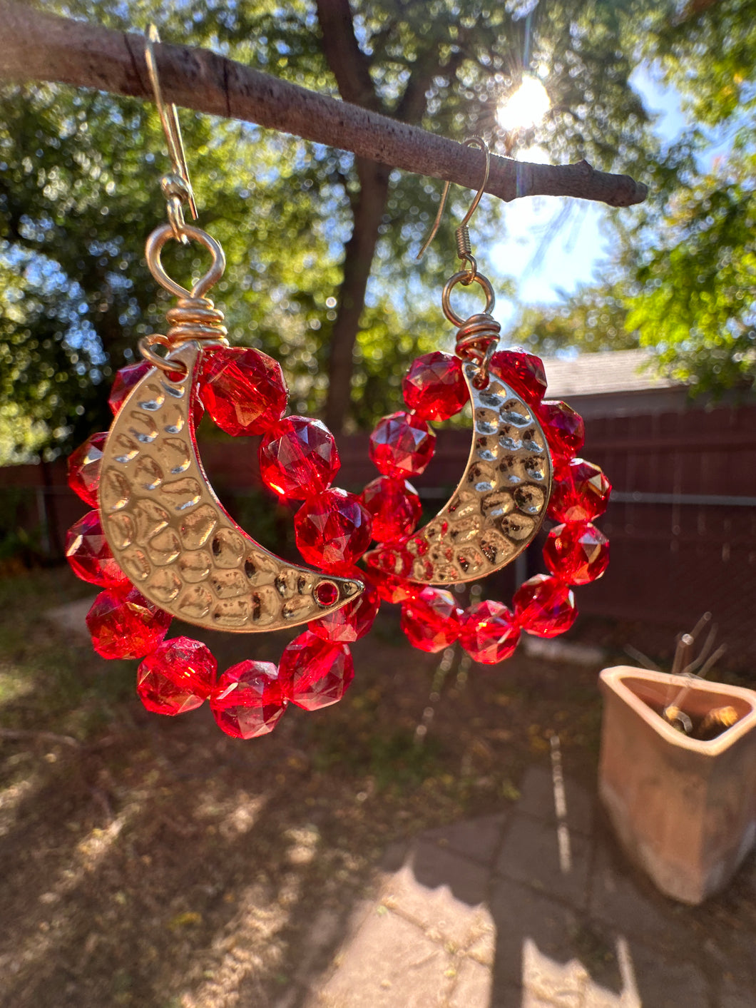 Gorgeous Red Glass Crystal Sun Catching Moon Earrings