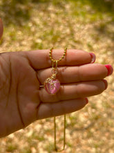 Load image into Gallery viewer, Blushing Heart Guardian – Rose Quartz Glass Crystal Heart Necklace | Wire Wrapped Charm for Love &amp; Healing
