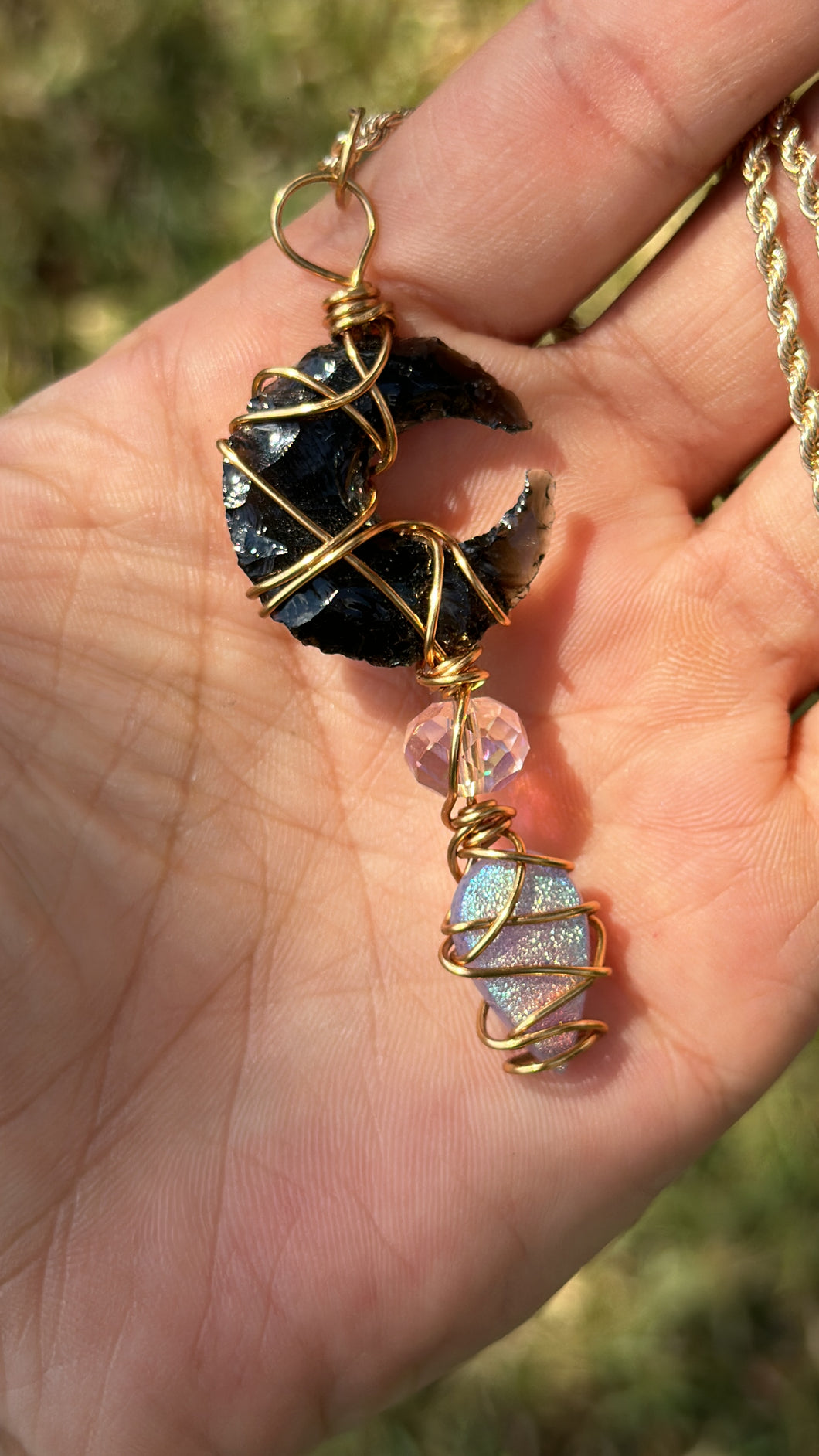 Black Onyx Crescent Purple Agate Druzy Necklace