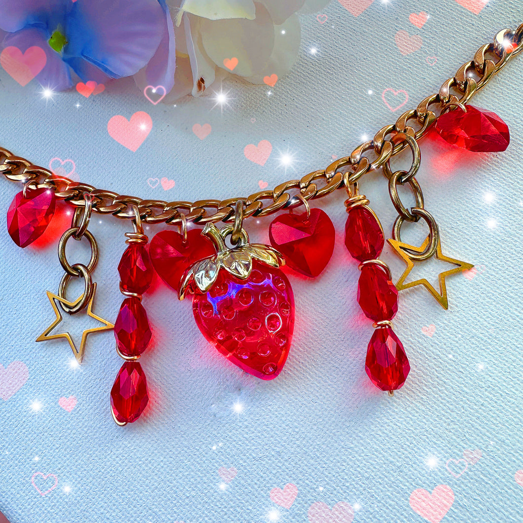 Juicy Red Strawberry Crystal Heart Charm Necklace w/ Stainless Steel