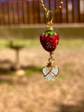 Load image into Gallery viewer, Opal Sweet Guardian – Rhinestone Strawberry &amp; Opal Butterfly Necklace | Wire Wrapped Charm for Transformation &amp; Joy

