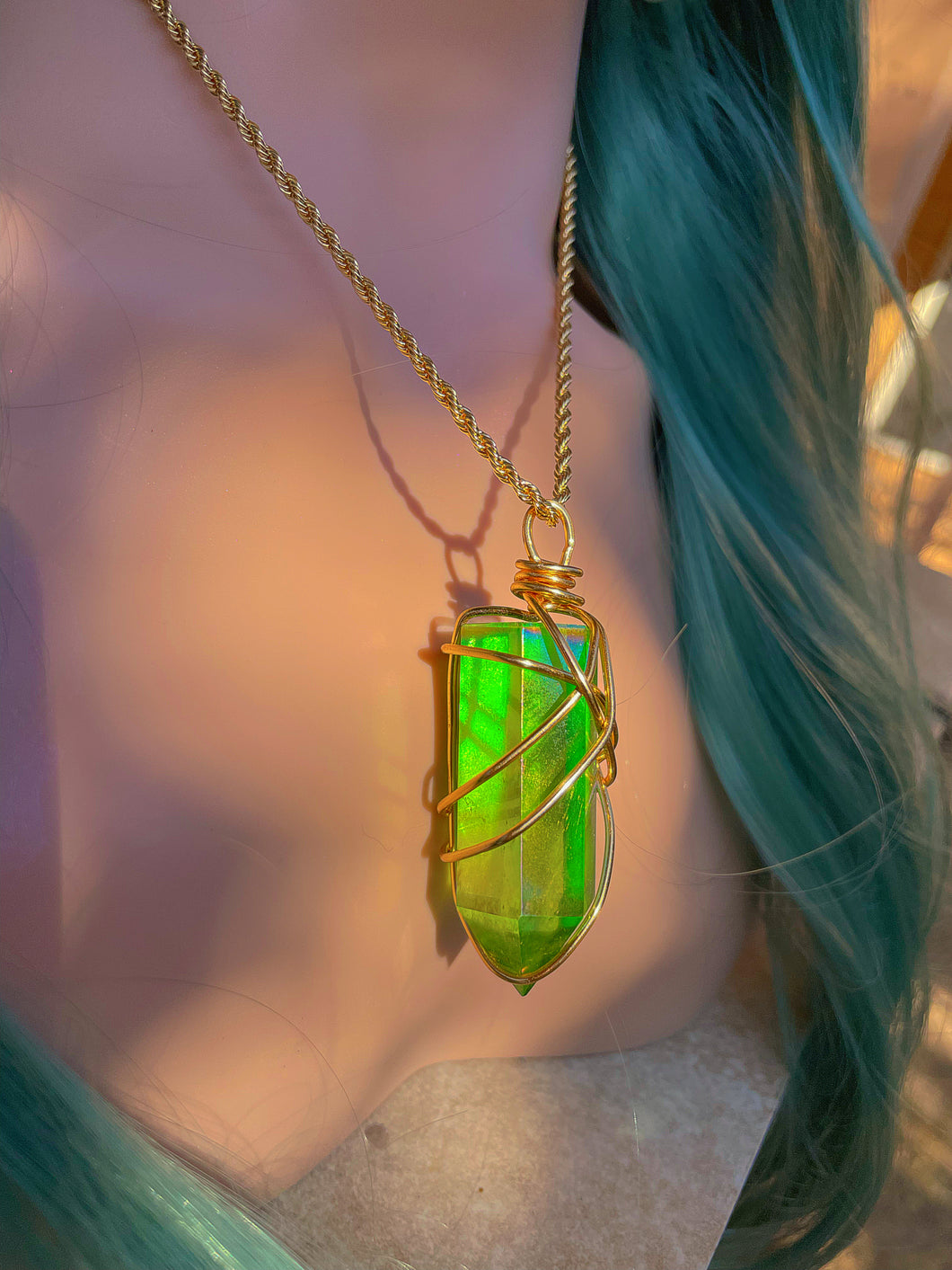 Polished and Cut Wire-wrapped Green Aura Quartz Necklace