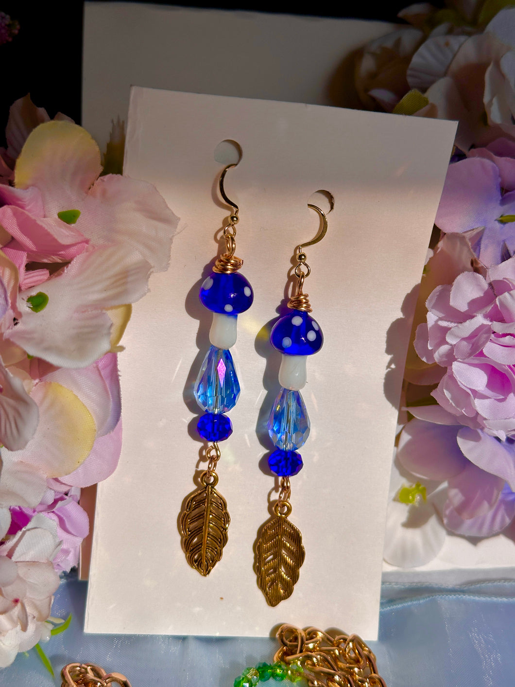 Blue Mushroom & Glass Crystal Feather Earrings