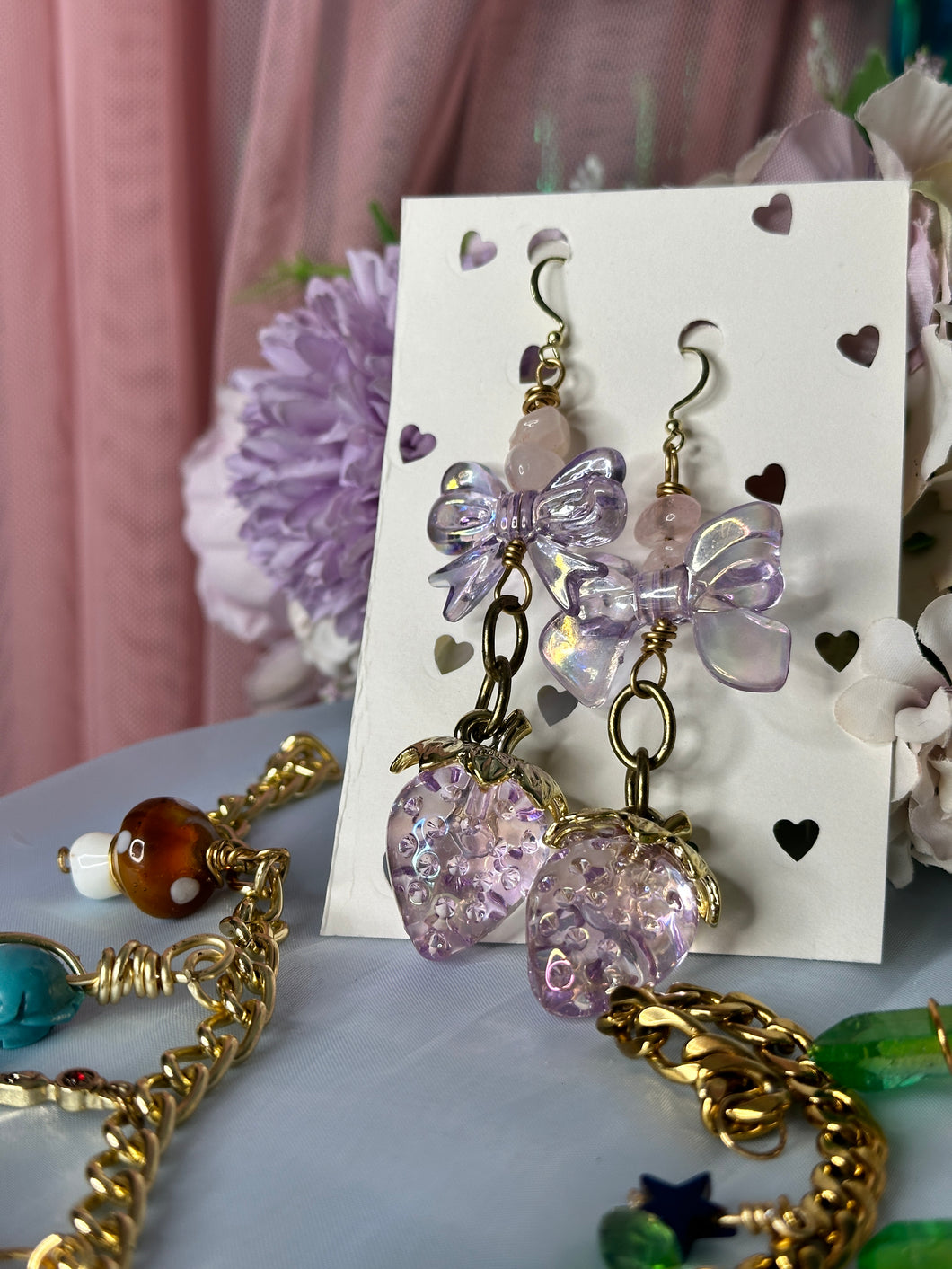 Strawberry Bow Earrings With Rose Quartz