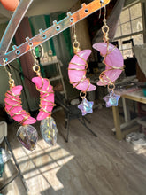 Load image into Gallery viewer, Wirewrapped Pink Crescent Moon Crystal Earrings
