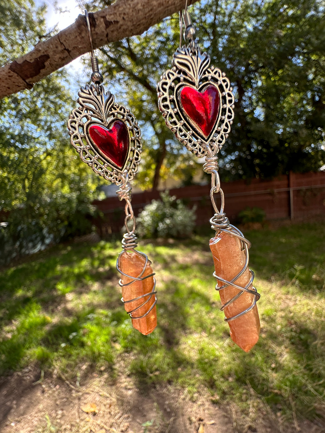 Tangerine Aura Quartz Red Heart Earrings