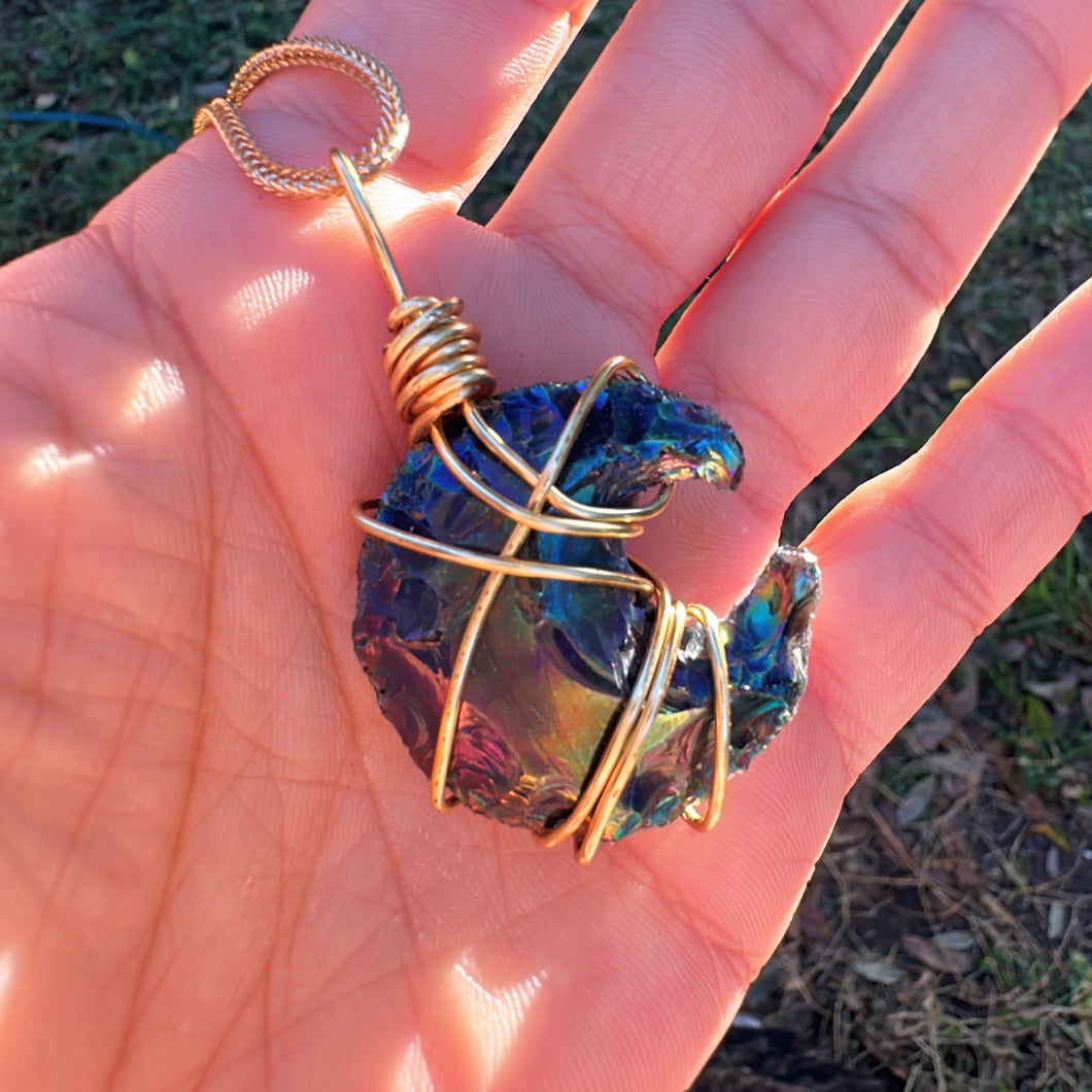 Rainbow Aura Quartz Wire Wrapped Crescent Moon