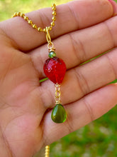 Load image into Gallery viewer, Verdant Sweet Guardian – Peridot Crystal Strawberry Fairy Necklace | Wire Wrapped Charm for Growth &amp; Joy
