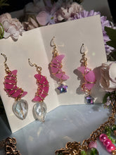 Load image into Gallery viewer, Wirewrapped Pink Crescent Moon Crystal Earrings
