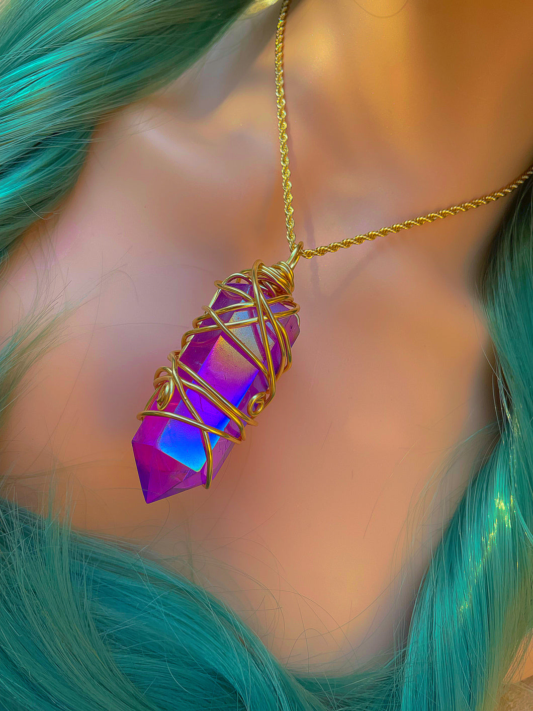 Large Cut & Polished Magenta Aura Quartz Necklace