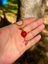 Load image into Gallery viewer, Blushing Sweet Guardian – Lampwork Strawberry &amp; Pink Crystal Heart Necklace | Wire Wrapped Charm for Love &amp; Joy
