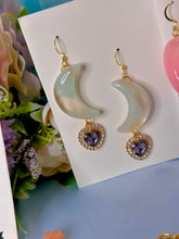 Load image into Gallery viewer, Light Green Resin Moon Earrings with Crystal Hearts
