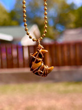 Load image into Gallery viewer, Golden Guardian Crescent-Tiger’s Eye Moon Necklace | Hand Wire Wrapped Swirl Pendant for Strength &amp; Protection
