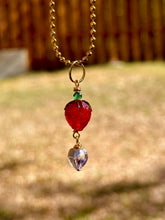 Load image into Gallery viewer, Blushing Sweet Guardian – Lampwork Strawberry &amp; Pink Crystal Heart Necklace | Wire Wrapped Charm for Love &amp; Joy
