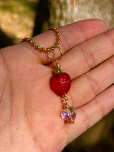 Load image into Gallery viewer, Blushing Sweet Guardian – Lampwork Strawberry &amp; Pink Crystal Heart Necklace | Wire Wrapped Charm for Love &amp; Joy
