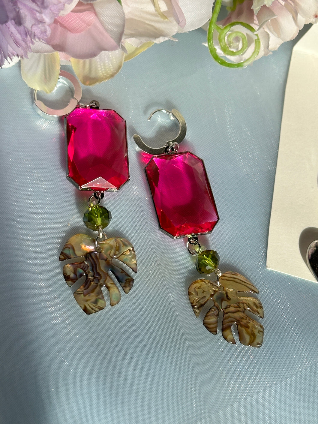 Magenta and Abalone Leaf Earrings