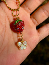 Load image into Gallery viewer, Opal Sweet Guardian – Rhinestone Strawberry &amp; Opal Butterfly Necklace | Wire Wrapped Charm for Transformation &amp; Joy
